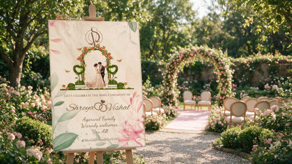 Personalized wedding signage on an easel with couple monogram, botanical illustrations, and ring ceremony details