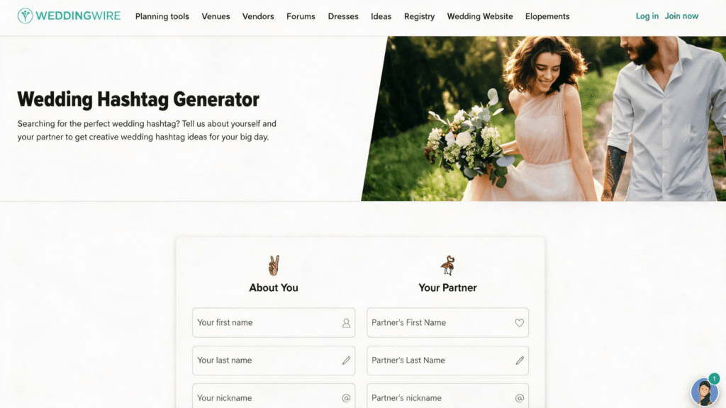 WeddingWire wedding hashtag generator tool with input fields for names and partner details
