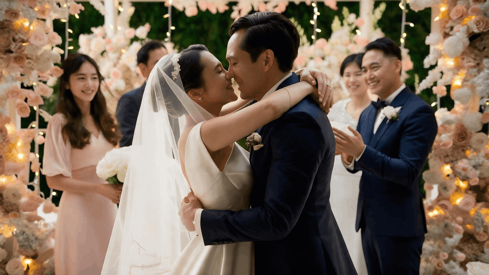 Couple exchanging their first kiss as newlyweds surrounded by bridesmaids and groomsmen at a floral garden wedding