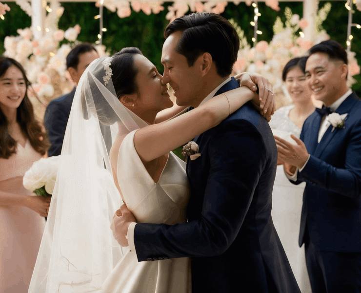 Couple exchanging their first kiss as newlyweds surrounded by bridesmaids and groomsmen at a floral garden wedding